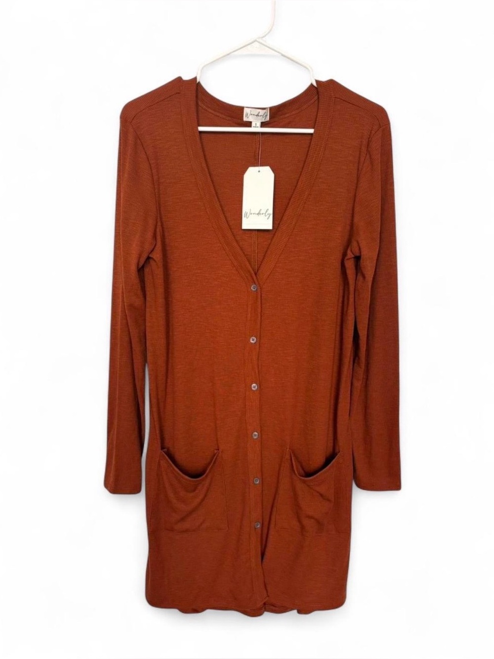 NWT Wonderly Rust Oversized Slouchy Longline Button Down Cardigan Sweater Small‎